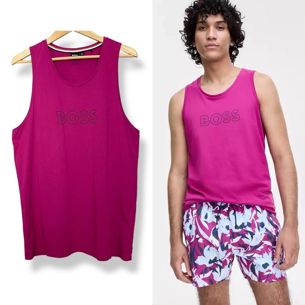 Hugo Boss Beach Tank Top Logo Print Size XL‎ Men Graphic Sleeveless Pink Summer